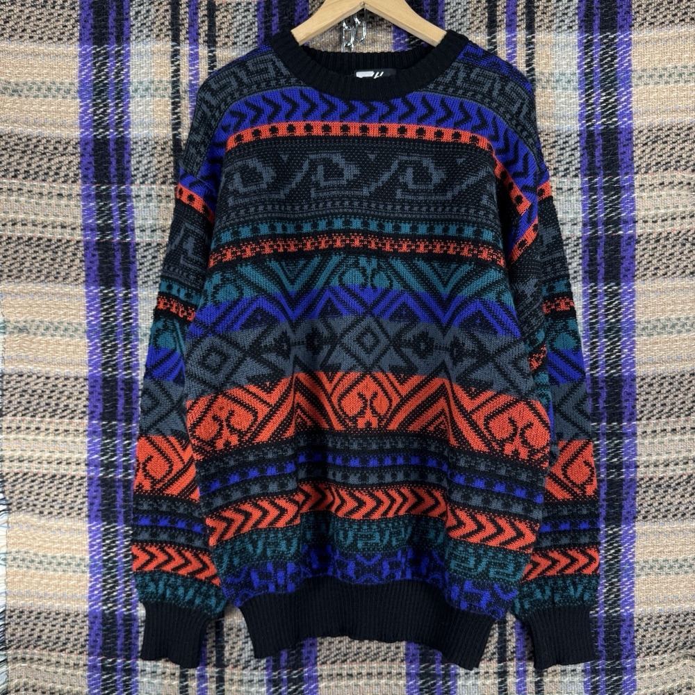 Vintage Tyrolia‎ Skiwear Sweater Mens Large Black Multicolor Knit Crewneck 90s